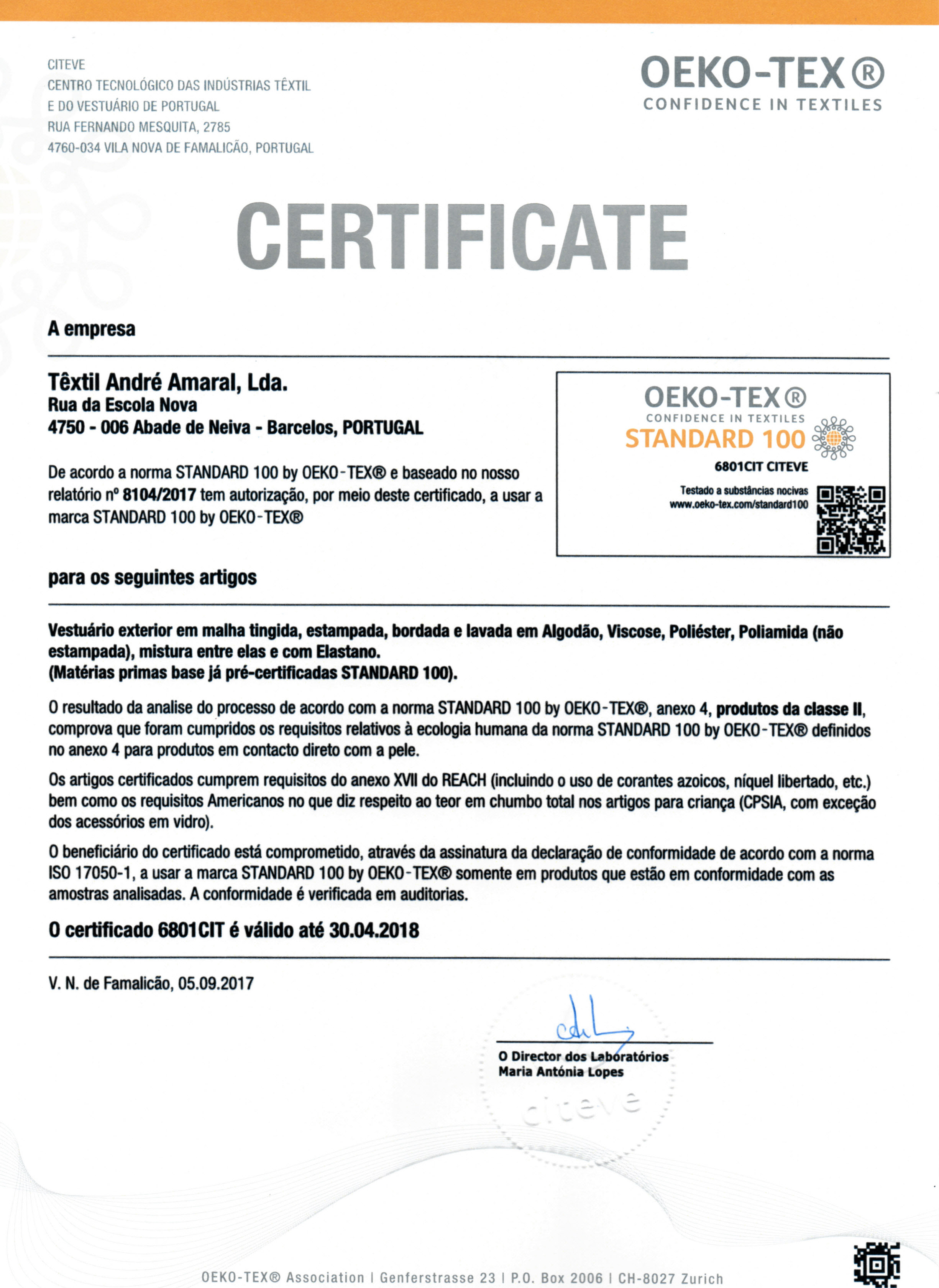 Certificação OEKO TEX Têxtil André Amaral Lda