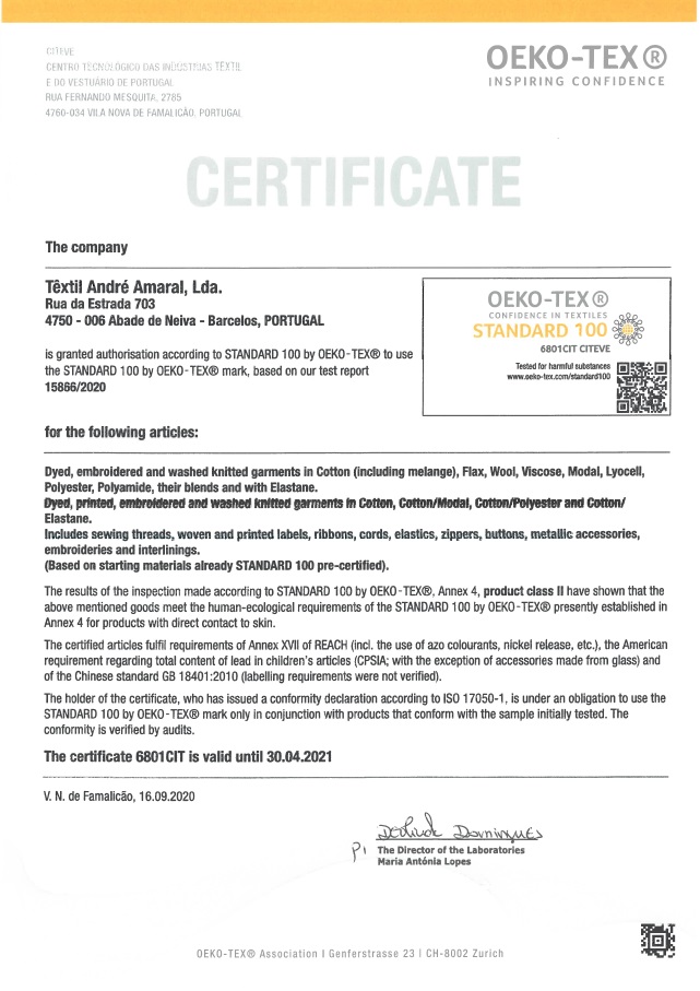 Certification OEKO-TEX  Têxtil André Amaral, Lda