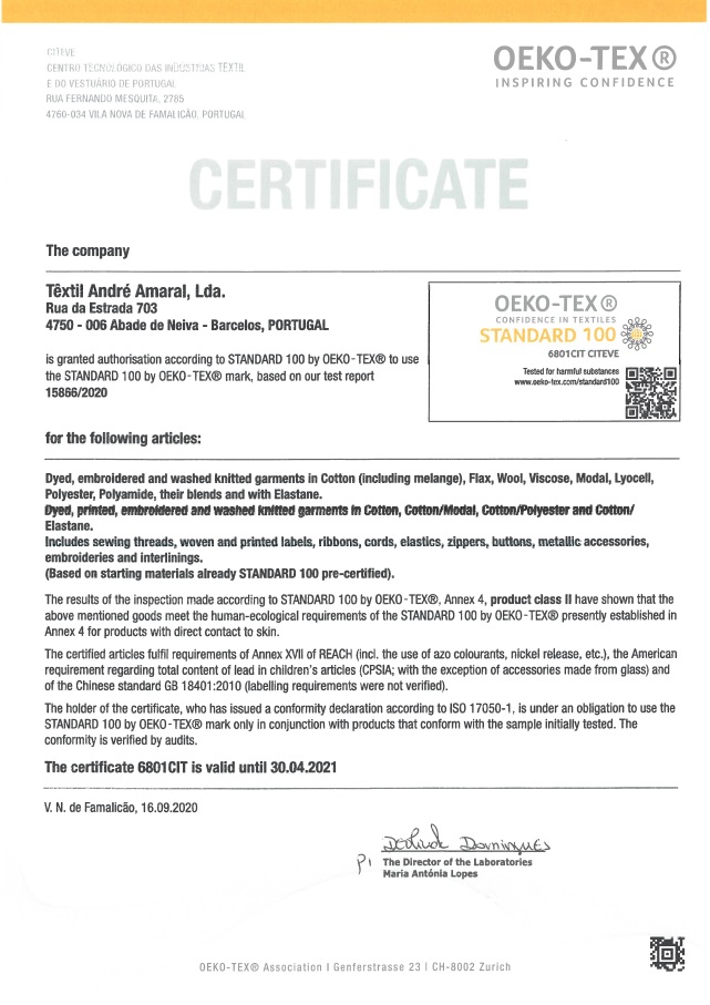 Certificación OEKO-TEX  Têxtil André Amaral, Lda